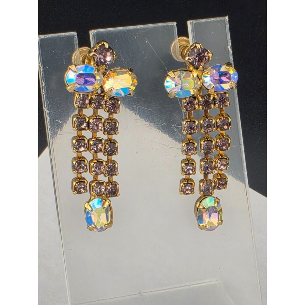 Vintage Pink Rhinestone Festoon Dangle Chandelier Screw on Earrings Gold Tone
